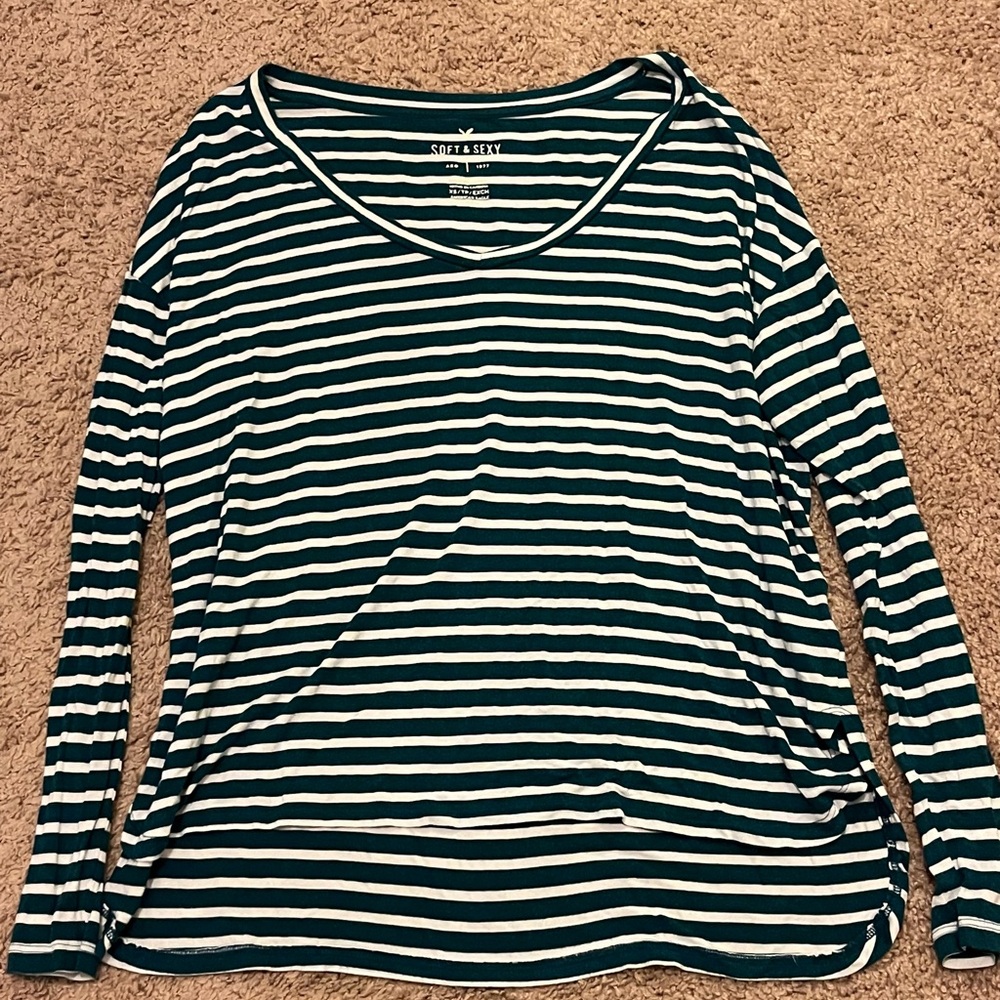 American Eagle Outfitters Teal and White Striped Long Sleeve Tee